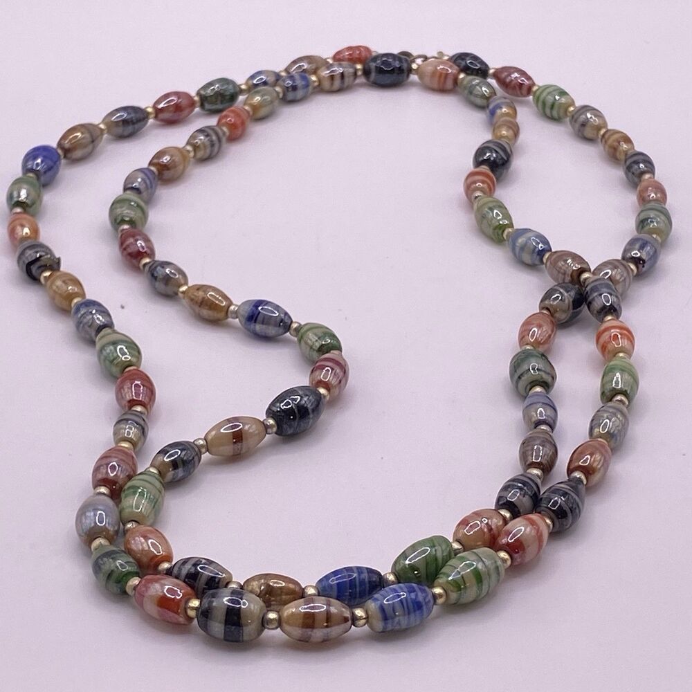 Vintage Multi Colored Swirl Art Glass Bead Necklace w/Metal Spacers 44” Long